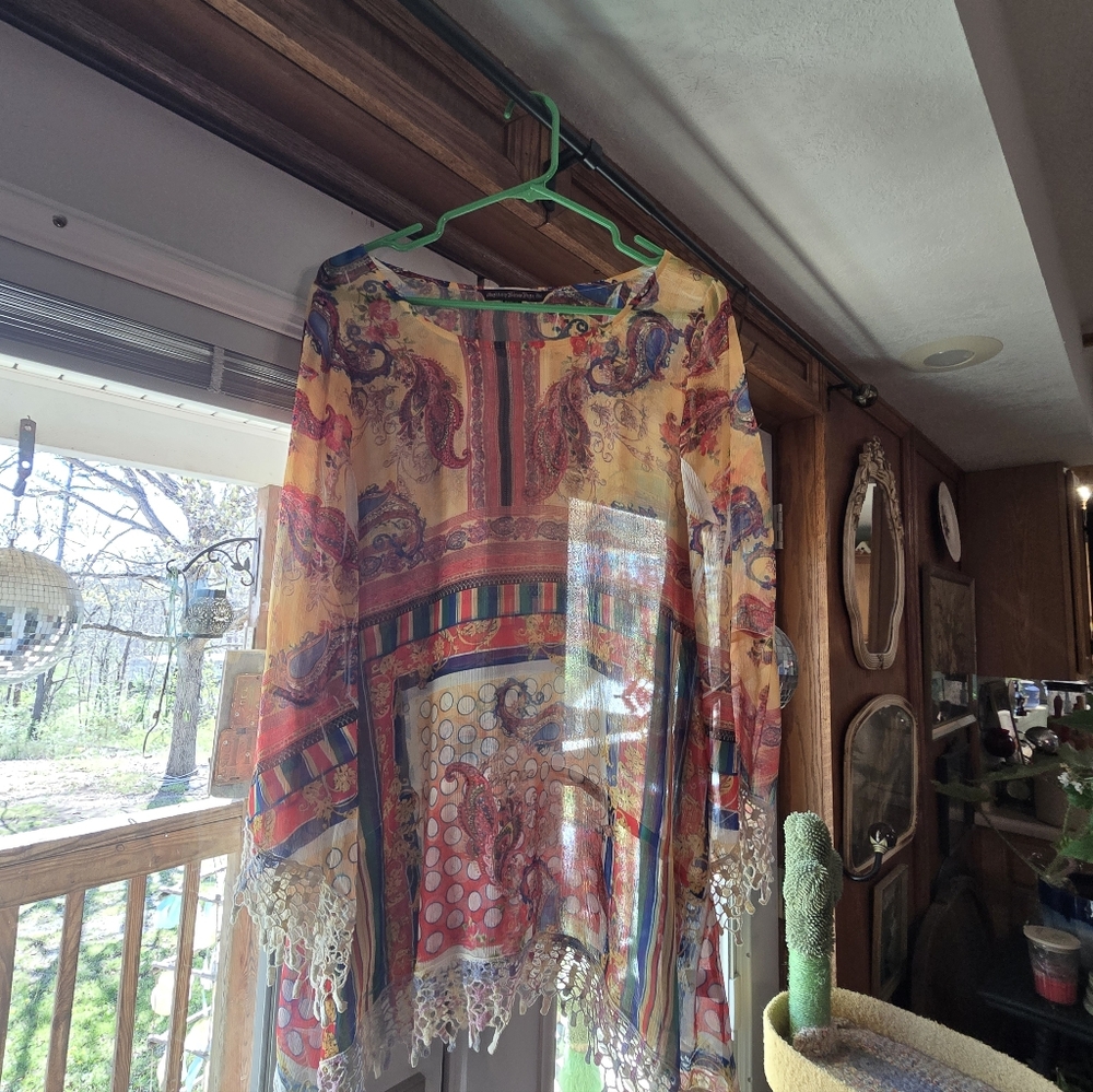 Boho Sheer Crochet Fringe Tunic - Yellow Multicolor